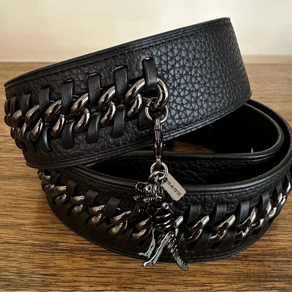 Coach Black Leather Chain-Trim Belt Bag Strap with Rexy Charm